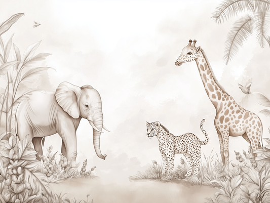Wandtapete mit Giraffe, Leopard und Elefant in sanften Sepia-Tönen für Babyzimmer