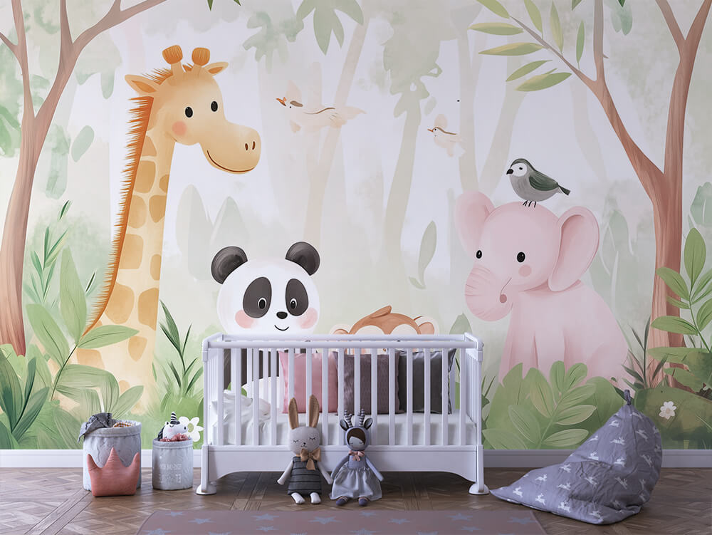 Niedliche Tier-Tapete mit Panda, Giraffe und rosa Elefant in zarten Pastellfarben