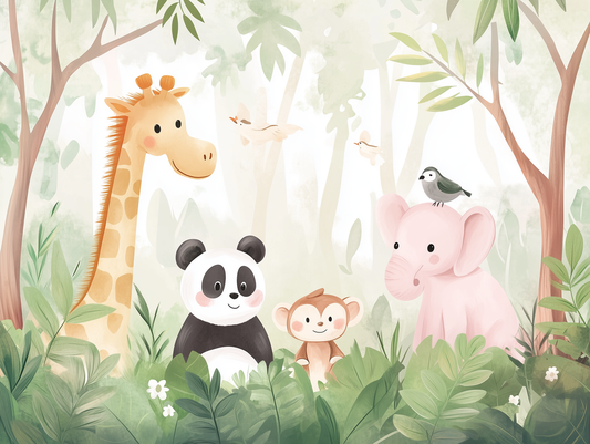 Niedliche Tier-Tapete mit Panda, Giraffe und rosa Elefant in zarten Pastellfarben