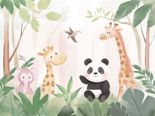 Selbstklebende Wandtapete mit Panda, Giraffen und rosa Elefant in freundlicher Dschungelszene