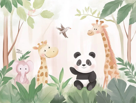 Fototapete Kinderzimmer Babytiere Dschungelfreunde Detailansicht – Pastellrosa, Creme, Hellgruen, Beige, Schwarz-Weiss, se...