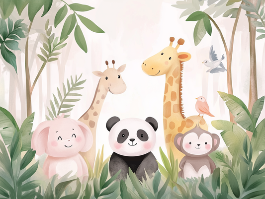 Fröhliche Kindertapete mit Panda, Affe, Giraffen und Elefant auf weißem Hintergrund