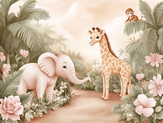 Rosa Tropentapete mit Elefant, Giraffe und Affe zwischen Palmen und Blüten für Kinderzimmer