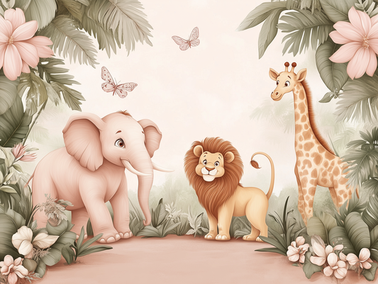 Safari-Tapete mit Löwe, Giraffe und rosa Elefant vor tropischen Pflanzen für Babyzimmer