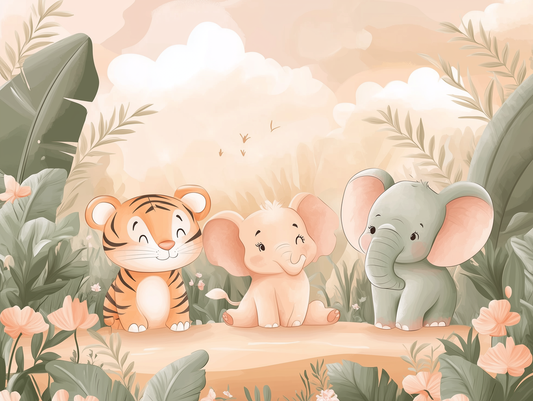 Tapete mit Tigerbaby und zwei kleinen Elefanten in weicher, tropischer Farbwelt für Kinderzimmer