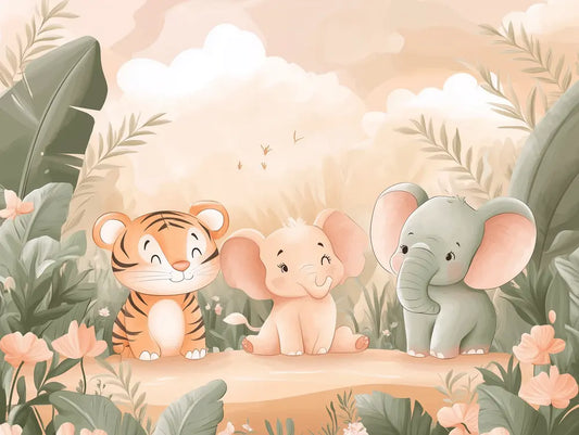 Fototapete Kinderzimmer Dschungeltiere Babys Detailansicht – Grün, Orange, Pfirsich, Rosa, Grau, selbstklebend