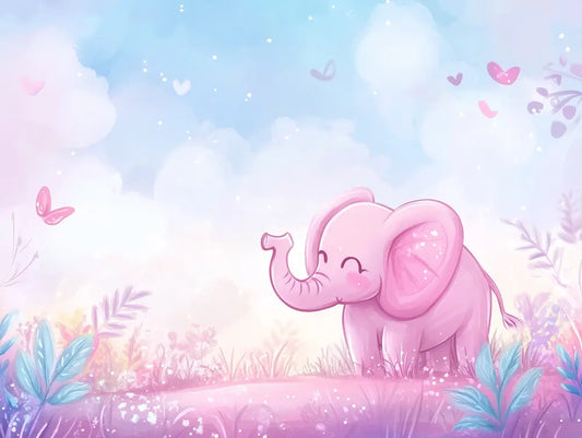 Fototapete Kinderzimmer Elefantenbaby Aquarell Detailansicht – Rosa, Hellblau, Tuerkis, Lila, Flieder, selbstklebend