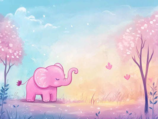 Fototapete Kinderzimmer Rosa Elefant Aquarell Detailansicht – Rosa, Hellblau, Pastellgelb, Lila, Mint, selbstklebend