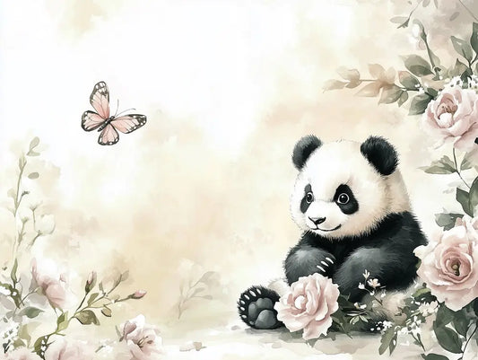 Fototapete Kinderzimmer Panda mit Schmetterling Detailansicht – Schwarz, Weiss, Zartrosa, Creme, Salbeigruen, selbstklebend
