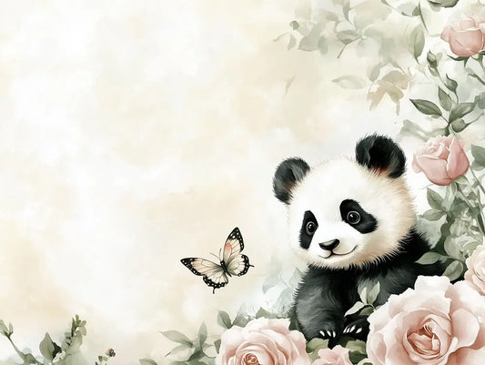 Fototapete Kinderzimmer Panda im Rosengarten Detailansicht – Schwarz, Weiss, Zartrosa, Creme, Olivgruen, selbstklebend
