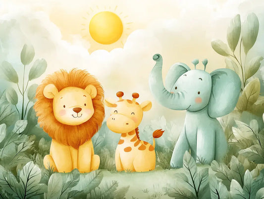 Fototapete Kinderzimmer Loewe Giraffe Elefant Detailansicht – Mintgruen, Goldgelb, Creme, Hellgruen, Sonnengelb, selbstkle...