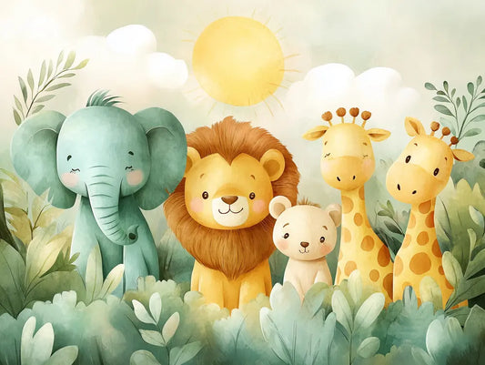 Fototapete Kinderzimmer Safari-Tiere Aquarell Detailansicht – Mintgruen, Sonnengelb, Gold, Creme, Sattgruen, selbstklebend