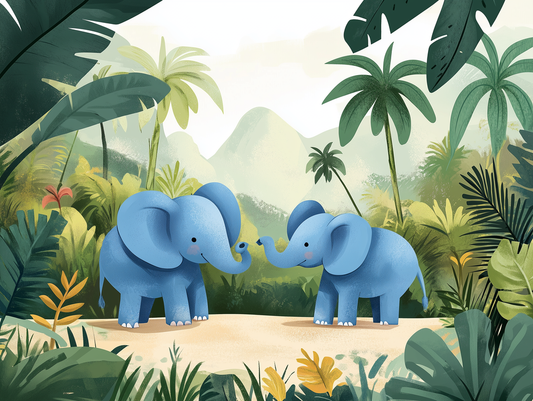 Elefantenfreunde im Dschungel Kinderzimmer-Fototapete-Wandtatoo-selbstklebend