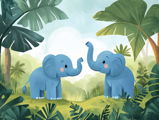 Elefantenglück im Dschungel Kinderzimmer-Fototapete-Wandtatoo-selbstklebend