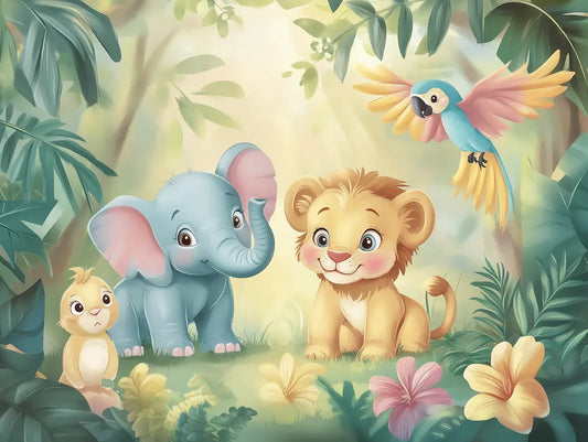 Fototapete Kinderzimmer Giraffe Loewe Elefant Detailansicht – Gruen, Gelb, Braun, Hellblau, Creme, selbstklebend