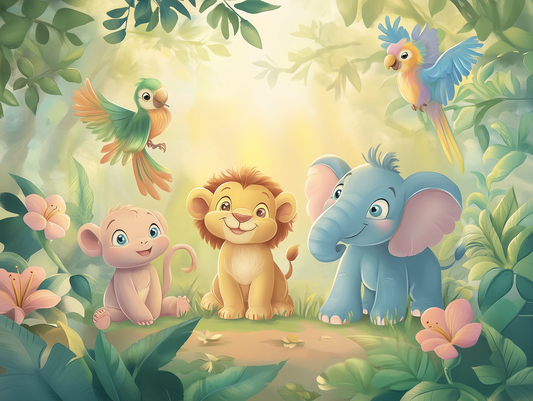 Dschungelfreunde Party Kinderzimmer-Fototapete-Wandtatoo-selbstklebend