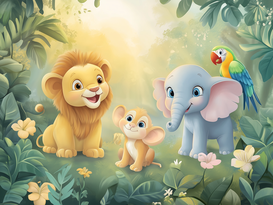 Dschungelfreunde im Grünen Kinderzimmer-Fototapete-Wandtatoo-selbstklebend