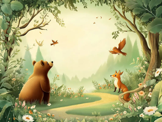 Fototapete Kinderzimmer Waldtiere Morgenszene Detailansicht – Sattgruen, Braun, Orange, Creme, Gelb, selbstklebend