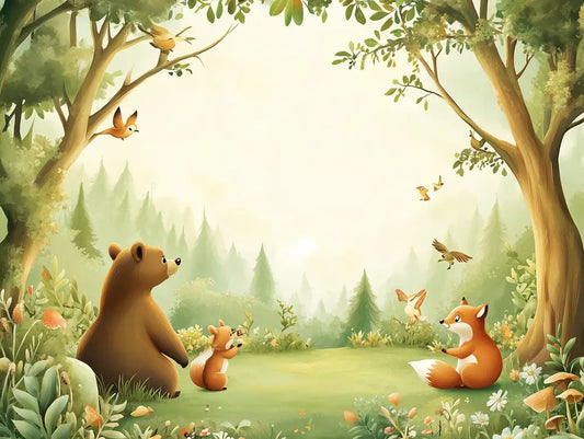 Fototapete Kinderzimmer Waldfreunde Lichtung Detailansicht – Grün, Braun, Orange, Gelb, Creme, selbstklebend