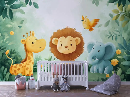 Fototapete Kinderzimmer Dschungelbabys Elefant Loewe – Bunte Cartoon-Szene mit einem kleinen hellblauen Elefanten mit rosa...