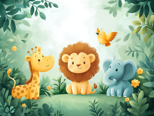 Dschungelfreunde im Grünen Kinderzimmer-Fototapete-Wandtatoo-selbstklebend