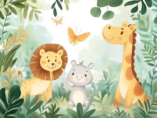 Fototapete Kinderzimmer Safari-Babytiere Dschungel Detailansicht – Gelb, Gruen, Braun, Grau, Orange, selbstklebend