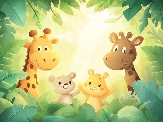 Fototapete Kinderzimmer Giraffen Dschungel Detailansicht – Gelb, Grün, Braun, Türkis, Creme, selbstklebend