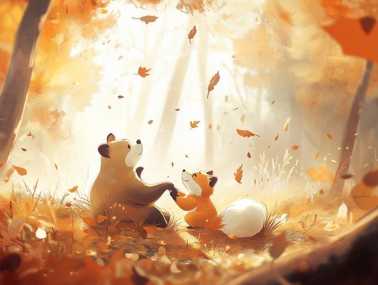 Herbsttanz mit Bär & Fuchs Kinderzimmer-Fototapete-Wandtatoo-selbstklebend