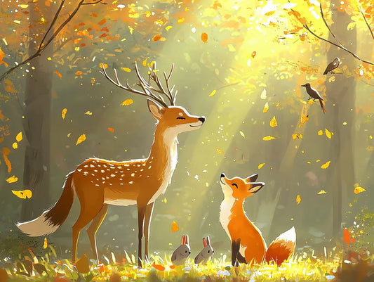 Fototapete Kinderzimmer Hirsch und Fuchs Herbst Detailansicht – Gold, Orange, Braun, Olivgrün, Bernstein, selbstklebend
