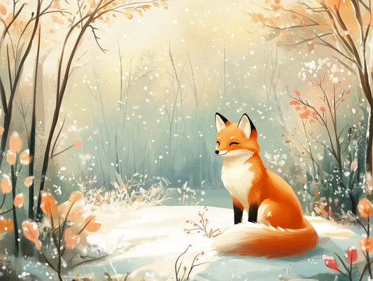 Fototapete Kinderzimmer Fuchs im Winterwald Detailansicht – Orange, Weiß, Türkis, Pfirsich, Gold, selbstklebend