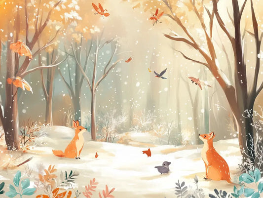 Fototapete Kinderzimmer Fuechse im Winterwald Detailansicht – Zartorange, Cremeweiss, Kupfer, Mintgruen, Hellbraun, selbst...