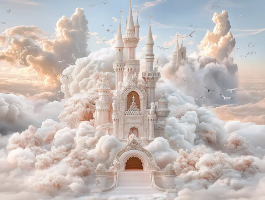 Fototapete Kinderzimmer Wolkenschloss Himmel Detailansicht – Weiß, Hellblau, Rosé, Gold, Grau, selbstklebend