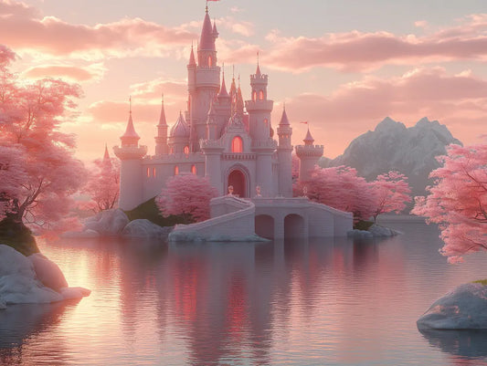 Fototapete Kinderzimmer Rosa Schloss Abendrot Detailansicht – Rosa, Lila, Pfirsich, Grau, Lavendel, selbstklebend