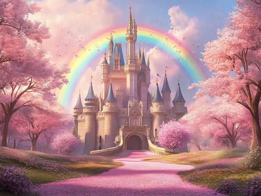 Fototapete Kinderzimmer Regenbogenschloss Kirschbluete Detailansicht – Rosa, Lila, Regenbogenfarben, Beige, Gruen, selbstk...