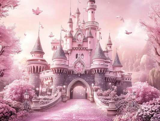 Fototapete Kinderzimmer Rosa Maerchenschloss Detailansicht – Rosa, Magenta, Silber, Altrose, Flieder, selbstklebend