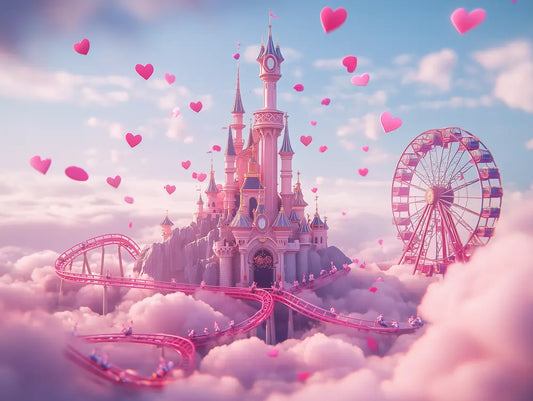 Fototapete Kinderzimmer Maerchenschloss Wolkenpark Detailansicht – Rosa, Lila, Pink, Hellblau, Weiß, selbstklebend