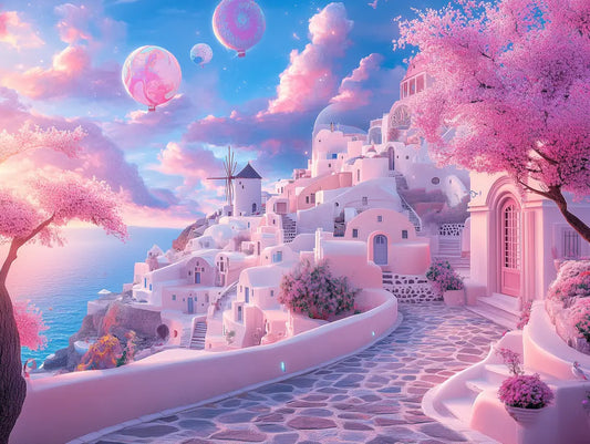 Fototapete Kinderzimmer Rosa Inseldorf Detailansicht – Rosa, Weiß, Türkisblau, Pink, Lila, selbstklebend