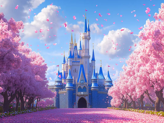 Fototapete Kinderzimmer Kristallschloss Kirschblueten Detailansicht – Rosa, Blau, Lila, Weiss, Gold, selbstklebend