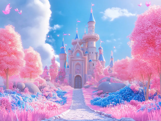 Fototapete Kinderzimmer Feenschloss in Pink Detailansicht – Pink, Himmelblau, Violett, Rosa, Lavendel, selbstklebend