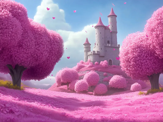 Fototapete Kinderzimmer Rosa Maerchenschloss Detailansicht – Magenta, Pink, Zartrosa, Himmelblau, Lavendel, Grau, selbstkl...