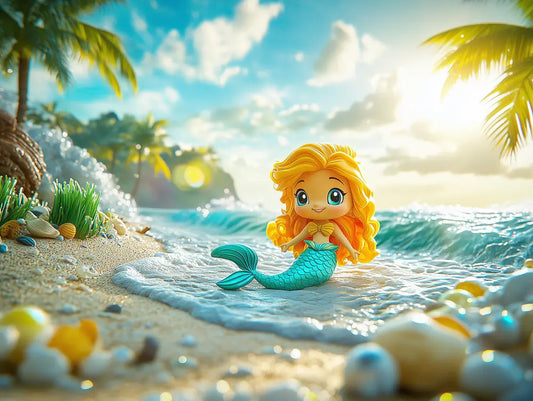 Fototapete Kinderzimmer Nixe am Tropenstrand Detailansicht – Tuerkis, Goldblond, Himmelblau, Sandgelb, Meeresgruen, selbst...