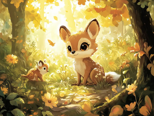 Fototapete Kinderzimmer Rehkitz im Herbstwald Detailansicht – Goldbraun, Orange, Bernstein, Dunkelgruen, Gelb, selbstklebend
