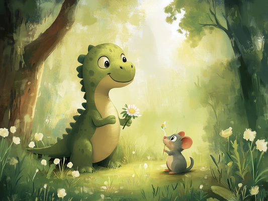 Dino & Maus – Ein Blumengruß Kinderzimmer selbsklebende Fototapete