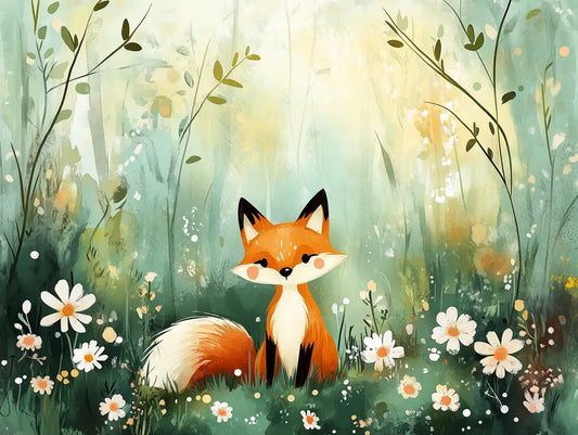Fototapete Kinderzimmer Kleiner Fuchs Blumenwiese Detailansicht – Salbeigruen, Orange, Weiss, Creme, Jadegruen, selbstklebend