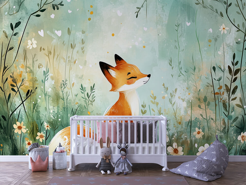 Fuchs im Blütenwunderwald Kinderzimmer selbsklebende Fototapete