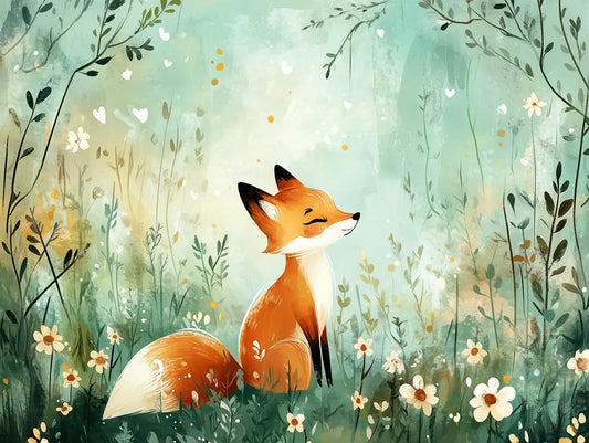 Fototapete Kinderzimmer Fuchs Bluetenwiese Detailansicht – Mintgruen, Orange, Cremegelb, Weiss, Zartrosa, Goldgelb, selbst...
