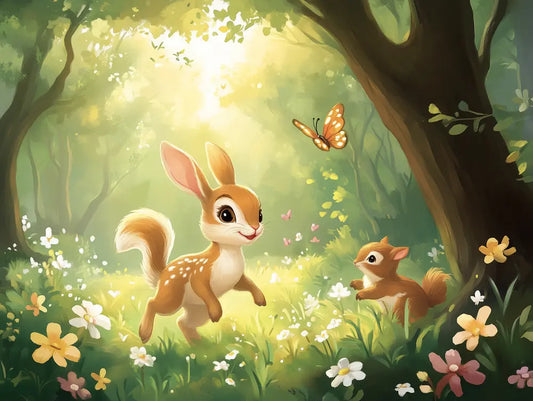 Fototapete Kinderzimmer Hase und Eichhoernchen Detailansicht – Goldbraun, Rotbraun, Gruen, Hellgelb, Orange, selbstklebend