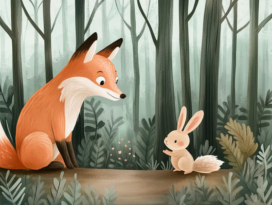 Fototapete Kinderzimmer Fuchs Hase Nebelwald Detailansicht – Orangerot, Salbeigruen, Dunkelgruen, Creme, Ocker, Beige, sel...
