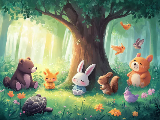 Fototapete Kinderzimmer Waldtiere unterm Baum Detailansicht – Sattgruen, Braun, Orange, Rosa, Hellgelb, selbstklebend