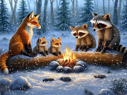 Fototapete Kinderzimmer Fuchs und Waschbaer Lagerfeuer Detailansicht – Eisblau, Fuchsorange, Feuergelb, Weiss, Dunkelgrau,...